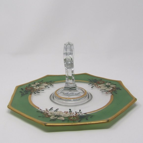Vintage Glass Tidbit Tray Green and Gold Rimmed with Hand Painted Enamel Flowers - Picture 3 of 10